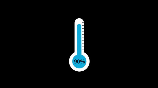 Blue Thermometer Progress Bar Animation with 90 Percent Loading Indicator on Black Background.