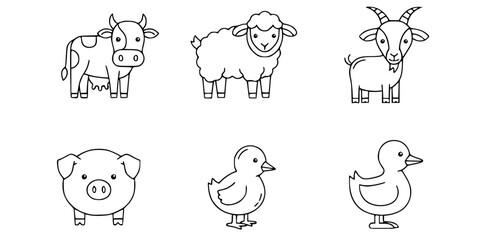 Farm Animals Line Art Set, Cow Sheep Goat Pig Chick Duck Outline, Cute Minimal Livestock Vector Illustration