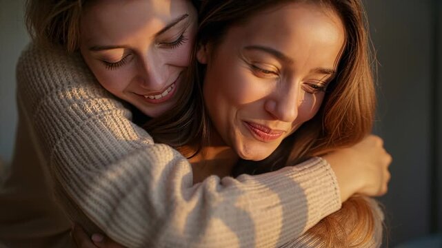 Rear woman reaching forward, tightening hug while front woman leaning in, sharing warmth