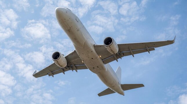 Low angle view of modern passenger airplane flying in the blue sky