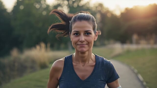 Woman running after armband timer, approaching camera on park path, armband showing fitness metrics