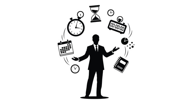 A businessman in a suit juggles clocks calendars and notepads representing time management challenges silhouette high quality professional detailed modern