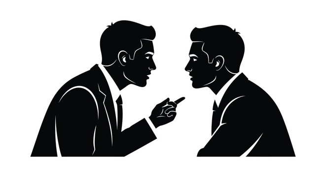 Two businessmen in suits engage in a heated discussion facing each other with assertive body language silhouette high quality professional detailed