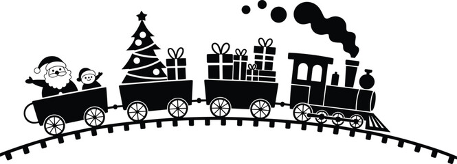 christmas train silhouette with santa, holiday locomotive carrying gifts and tree, festive winter decoration design element illustration © MdAjibar