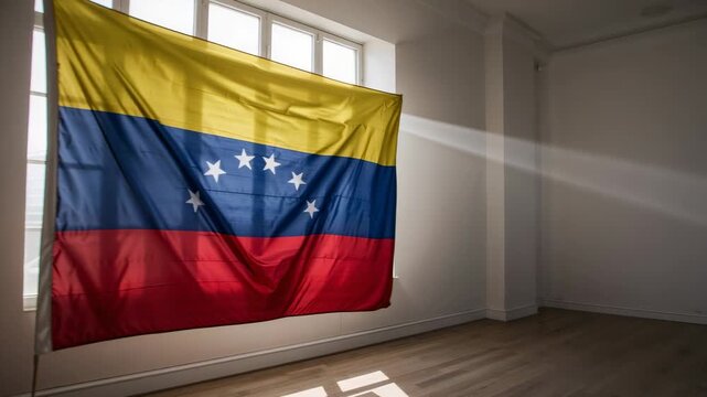 Venezuelan flag rippling in studio sunlight through window and breeze shifting folds as documentary