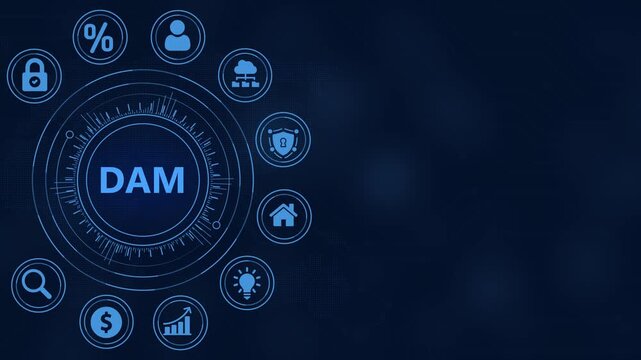 Digital Asset Management DAM Interface with Icons and Data Visualization on Dark Blue Background Keywords: DAM, digital asset management, media management, content storage