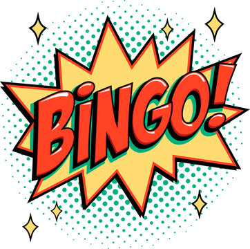 Bingo starburst icon in retro comic style with bold red lettering on yellow star shape and green halftone background. Bright vector bingo logo for lottery, lotto, casino posters and game branding