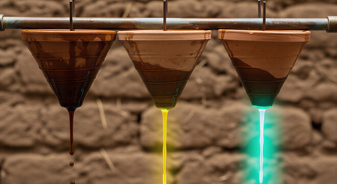 Alchemy Clay Funnels Filtering Liquid Gold and Glowing Green Substance