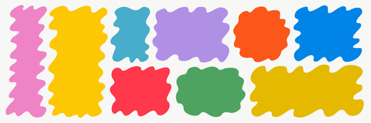 Obraz premium Colorful wavy shape frame set with organic square and rectangle doodle forms. Curvy zigzag text boxes in pink, yellow, blue and green for playful posters, labels and modern layouts