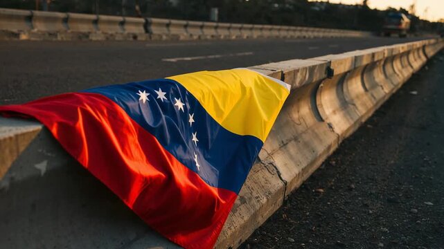 Moving camera bringing Venezuelan flag into sharper view on concrete median barrier, copy space