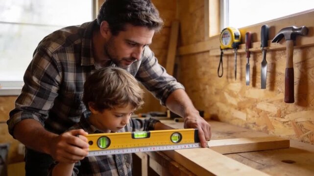 Father and son working together in a workshop, measuring wood with a level, capturing bonding, learning, and meaningful Father&rsquo;s Day family moments.