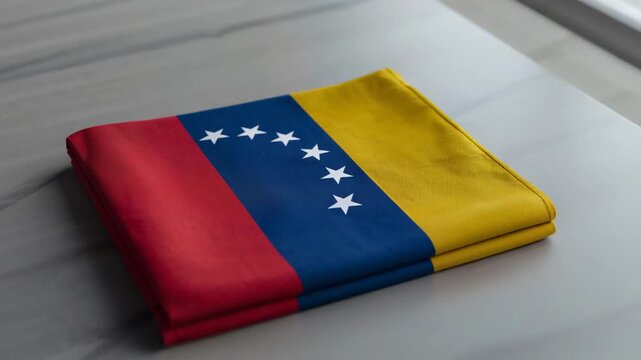 Folded Venezuelan flag stone counter showing star-fold shifting as window light changing for design
