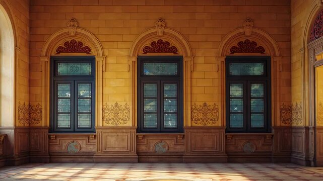 Shifting sunlit beam from left arch window across center three-window wall in hall, showing rosette