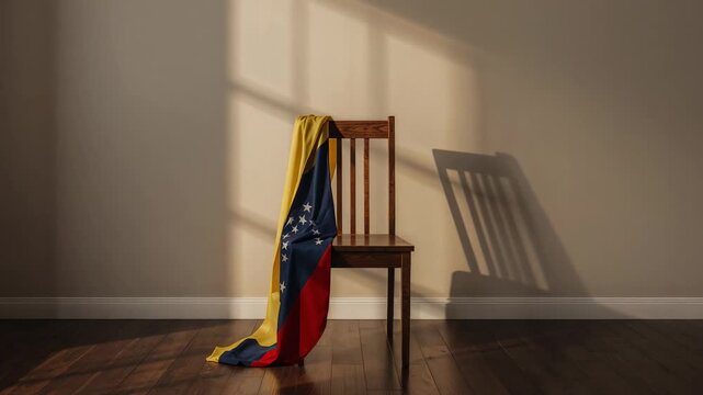 Shifting sunlight casting grid shadow across painted wall, nudging Venezuelan flag on wooden chair