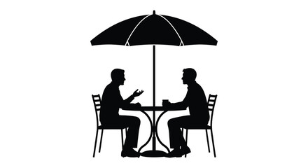 Two figures converse at a table under a parasol captured in a striking black silhouette high quality professional detailed modern elegant © Creativekhairul02