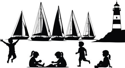 Collection of sailboat, lighthouse and children silhouettes playing on beach, coastal summer vacation scene with maritime elements isolated on white background © tajwar