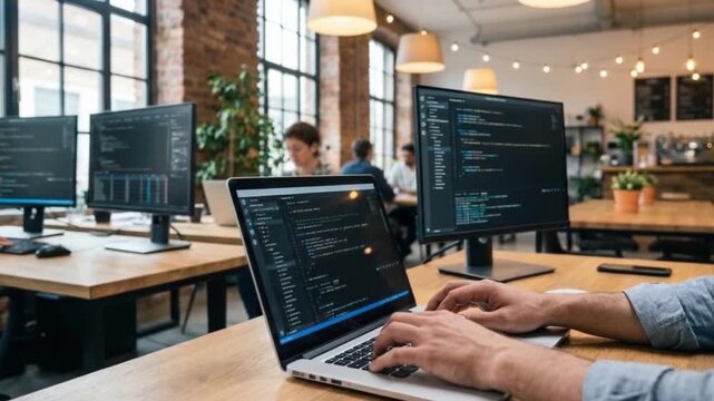 Software developer coding on a laptop with multiple monitors displaying programming scripts in a modern office workspace.
