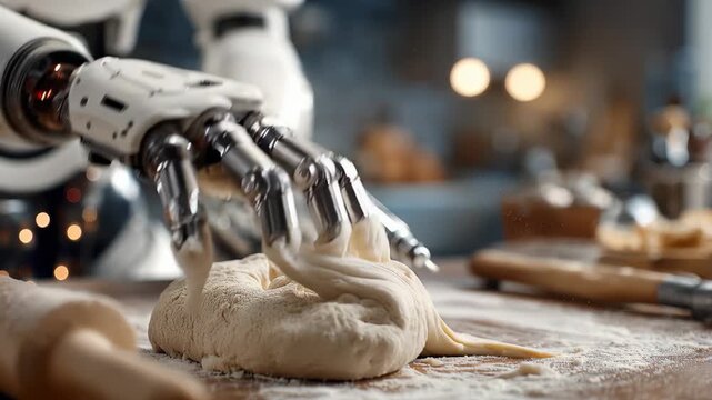 Robotic hand kneads dough in a modern kitchen setting during a cooking session