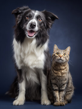 Happy Border Collie dog and cat sitting together on dark blue background