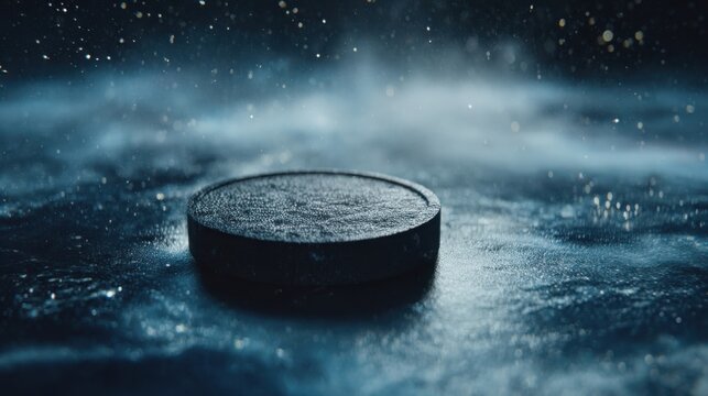 A solitary hockey puck rests on a frosty ice rink under a starry winter sky, evoking the anticipation of a thrilling game.