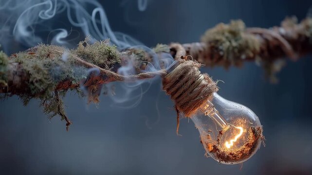 Broken light bulb hangs from a branch with smoke, showing electrical hazard during an outdoor setting