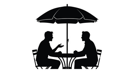 Two men are seated at a table under a parasol engaged in conversation a striking black silhouette high quality professional detailed © Creativekhairul02
