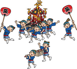 日本の伝統行事。お神輿、賽銭箱を担ぐ子供たちのイラスト