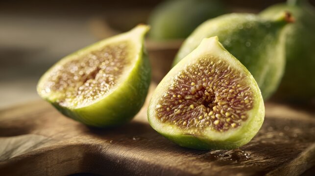 A Ripe Green Fig Split Open Revealing Its Juicy Seeded Interior on a Wooden Surface