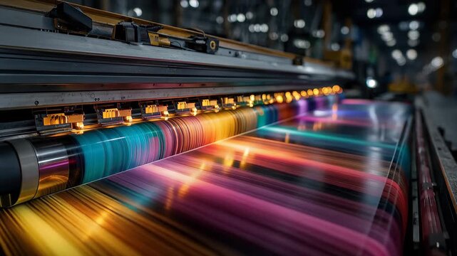 Large format digital printer prints vibrant color graph in a busy production environment during daytime hours