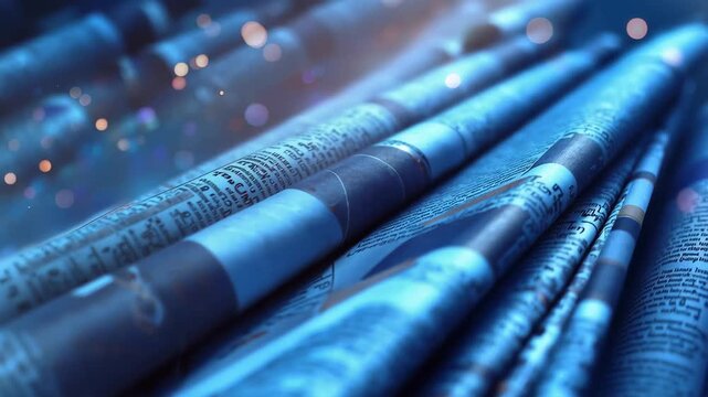 Abstract visual representation of news and information flow in a blue background setting during a modern digital era