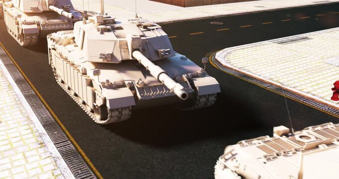 Row of heavy armored tanks on a concrete runway in a city. World War Related 3D Animation.