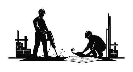 Construction workers operate machinery and review blueprints against a backdrop of building materials a striking silhouette high quality professional detailed modern © Creativekhairul02