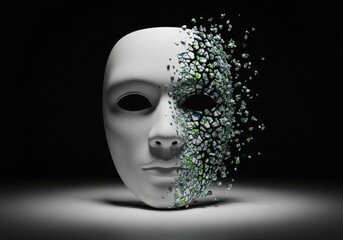 A white mask with a face dissolving into small green and blue particles on a dark background
