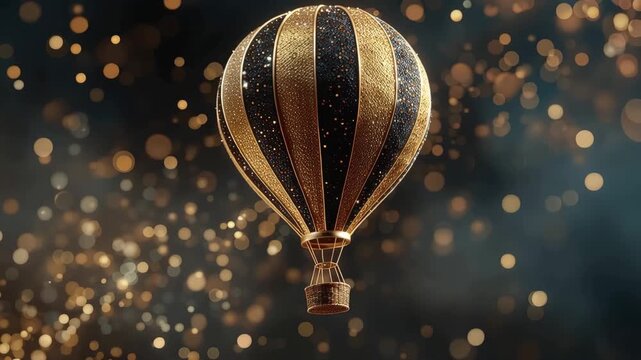 Golden and black air balloon with glitter confetti floating in the air for a special celebration at night