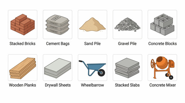 Construction materials icon set with bricks cement sand and mixer