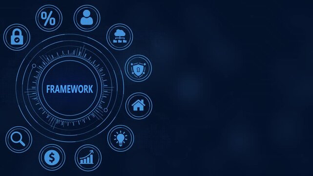 Digital Technology Concept with Central Word FRAMEWORK and Surrounding Icons on Dark Blue Background