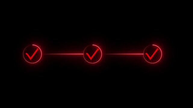 Three red checkmarks connected by a thin red line on a black background