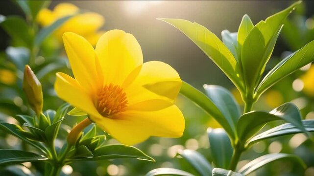 Vibrant yellow flower with green leaves in sunny outdoor setting