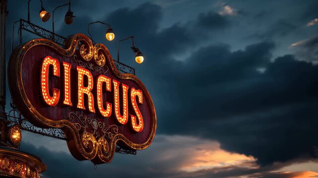 Bright circus sign shines in evening sky as clouds gather and colors change at dusk