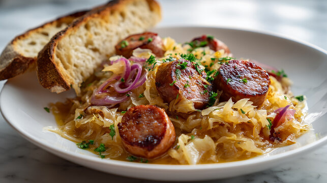 Warm, savory dish with sausages and sauerkraut