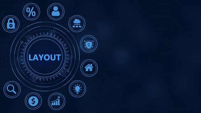 Digital Technology Concept with Central Word LAYOUT and Surrounding Icons on Dark Blue Background