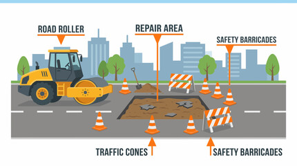 Fototapeta premium Urban road maintenance with roller barriers cones and repair crew