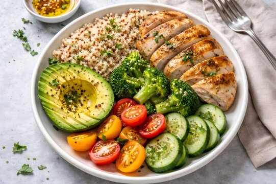 Balanced meal offering grilled chicken breast. Fluffy quinoa. And fresh vegetables including vibrant avocado. Broccoli. Cherry tomatoes. And crisp cucumber. Promoting clean eating and a fit lifestyle