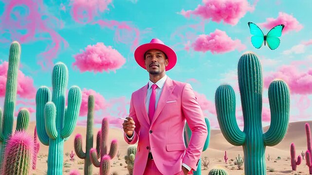 Man in pink suit with cacti and butterfly