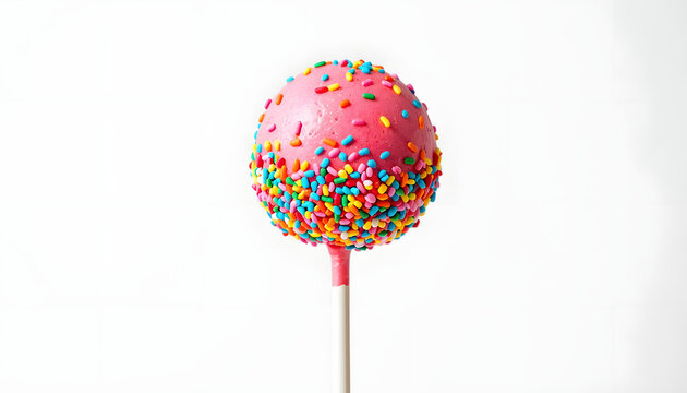 Pink Cake Pop with Rainbow Sprinkles on White Background