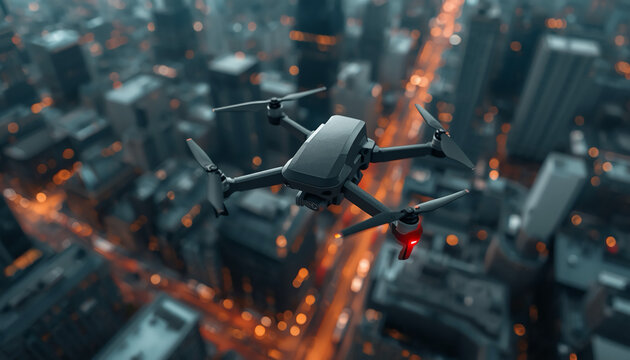 Bird's eye view, The city through drone eyes, aerial view drone photography urban landscape city grid nighttime illumination high-tech monitoring drone flight metropolitan scene illuminated streets 