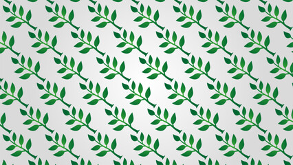 Seamless repeating pattern of green leafy branches arranged diagonally on a light grey background, creating a fresh and natural design.