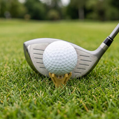 A white golf ball stands on a small stand in the grass, with a golf club directly behind the ball. The background of the lawn behind the club and the ball is blurred. Close-up. Sports concept
