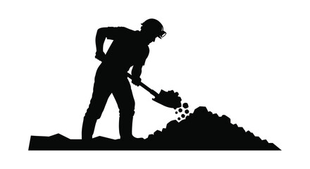 A black silhouette of a worker digging with a shovel standing near a pile of earth and debris silhouette high quality © Creativekhairul02