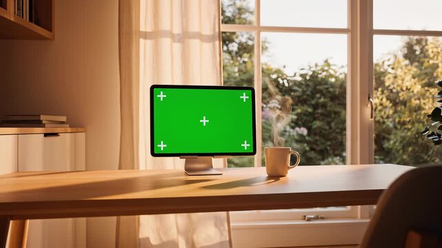 Bright home office desk setup with green screen monitor scene.